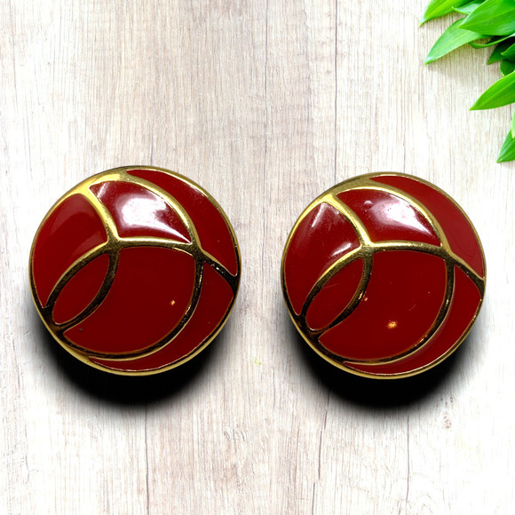 Vintage 1980's Monet Modernist Earrings Pierced Gold Tone Red Enamel New Wave - Picture 1 of 6